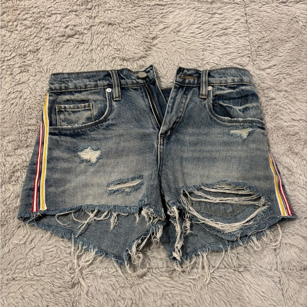 BLANKNYC Red and Yellow Stripe Detail High Rise Denim Shorts with Rips - Size 25
